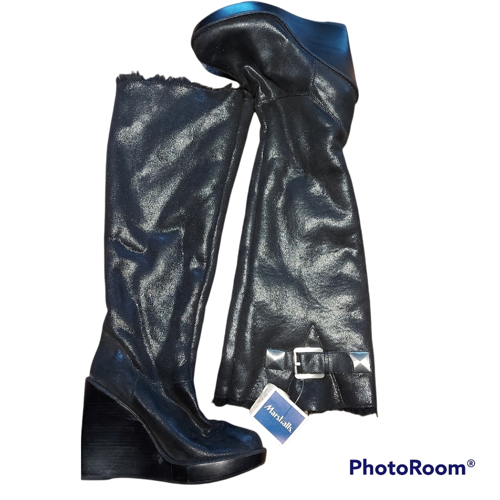 Michael Kors knee high black with metallic buckle wedge boots